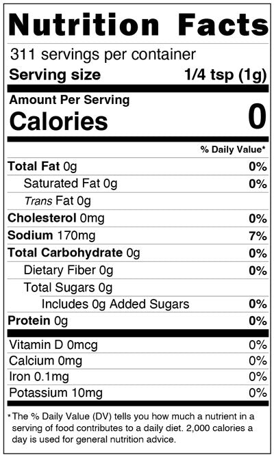 Nutrition facts label for premium all purpose with zero calories per serving