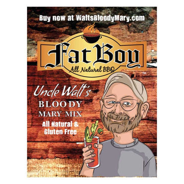 Advertisement for Fat Boy All Natural BBQ Bloody Mary Mix with a person holding a Bloody Mary drink.