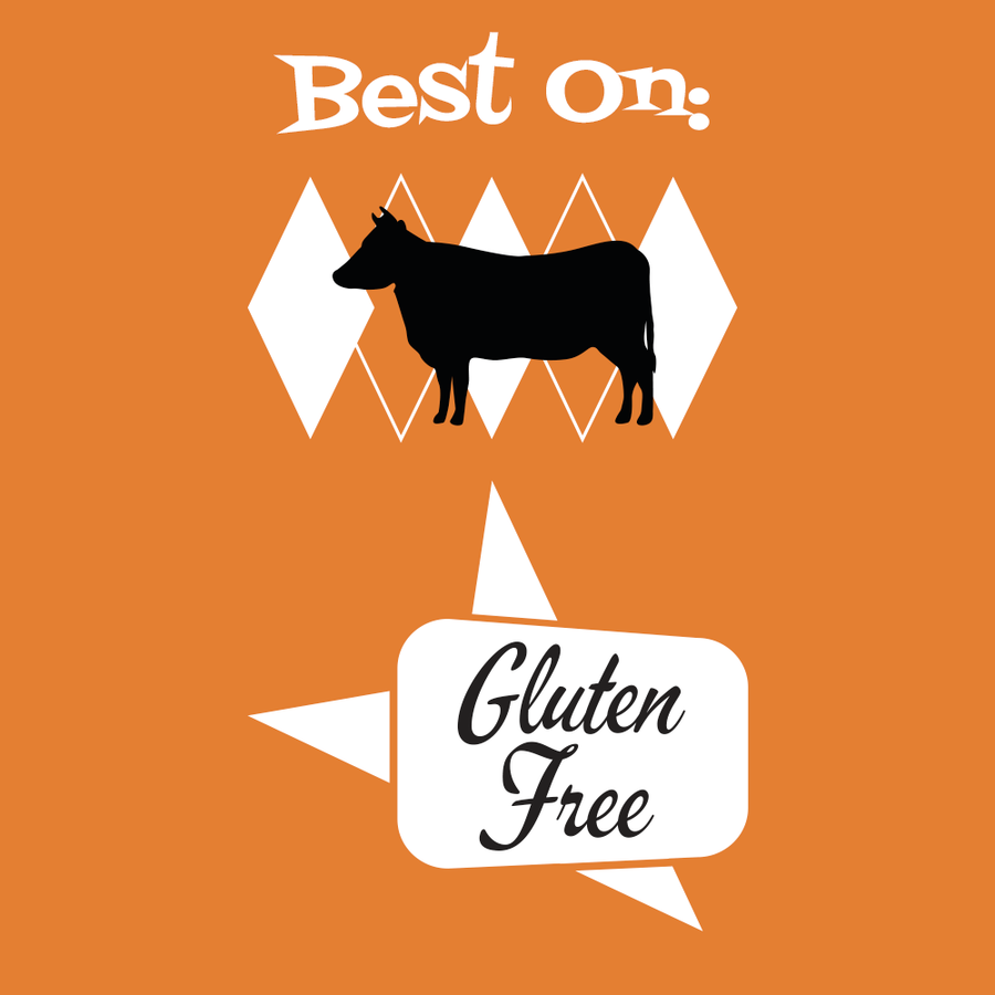 Orange background with a cow silhouette and 'Gluten Free' text on an orange background