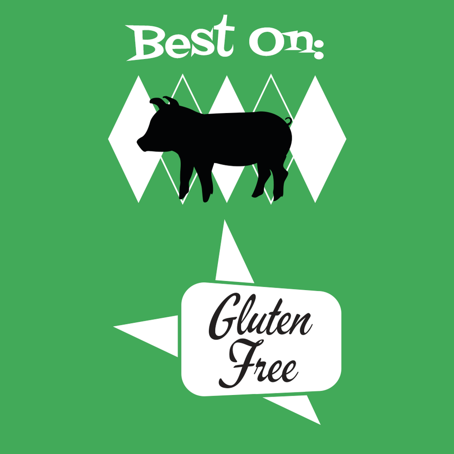 Silhouette of a pig with 'Best on' and 'Gluten Free' text on a green background